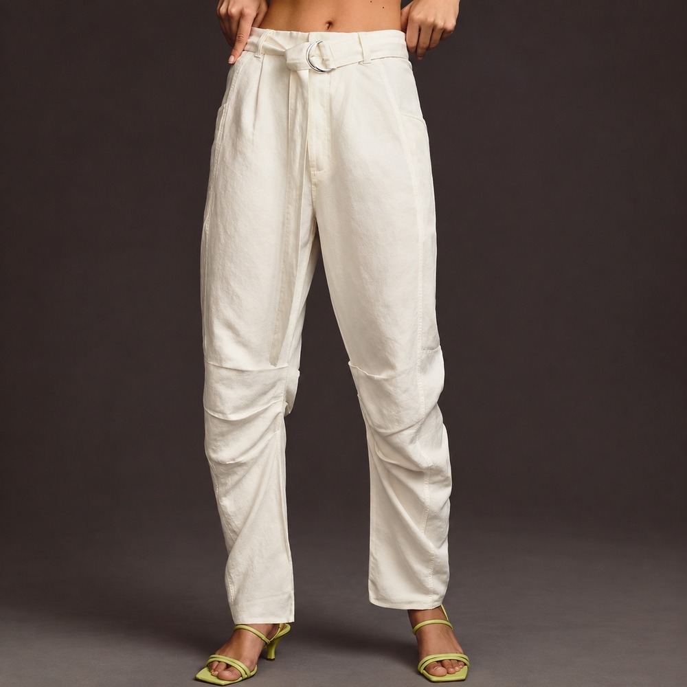 NEW Pilcro Anthropologie White Tucked Knee Tapered Trouser Pants Linen Size 29